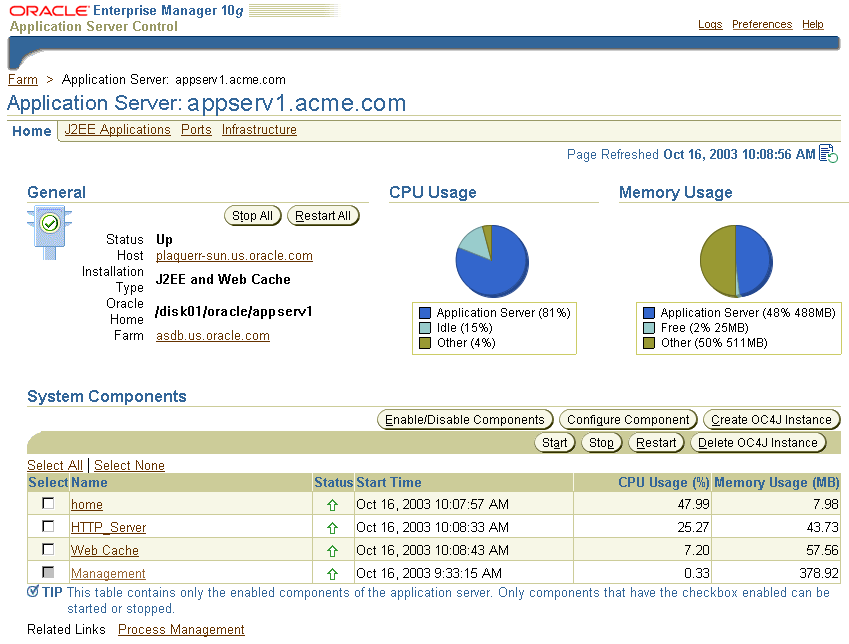 Oracle Application Server Home page