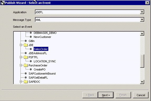 Publish Wizard - Select an Event dialog box