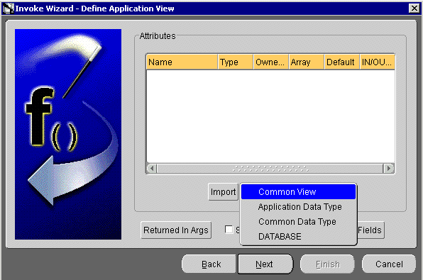 Invoke Wizard-Define Application View. Common View selected