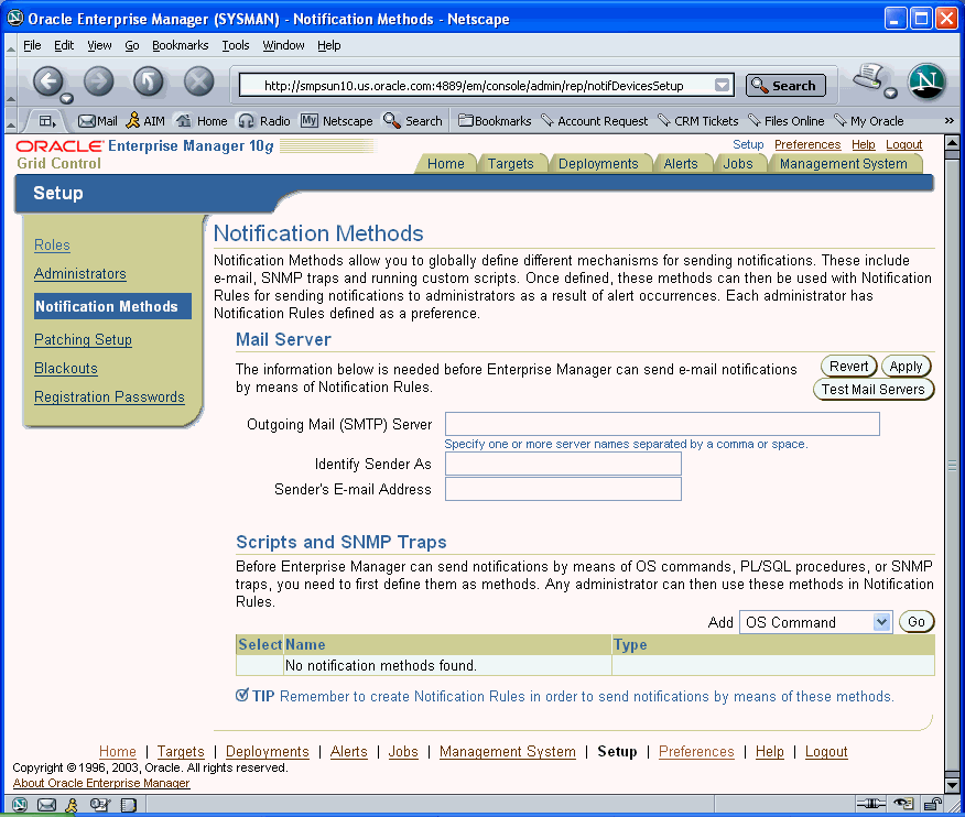 Mail Server definition entry fields.