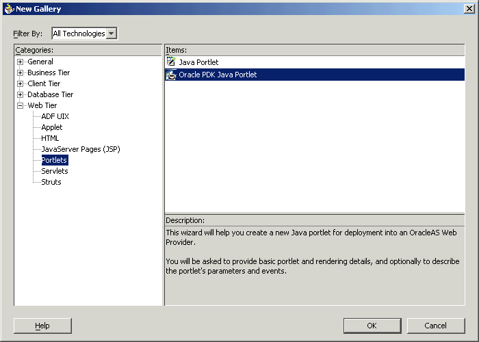 Shows New dialog box with Web Tier expanded.