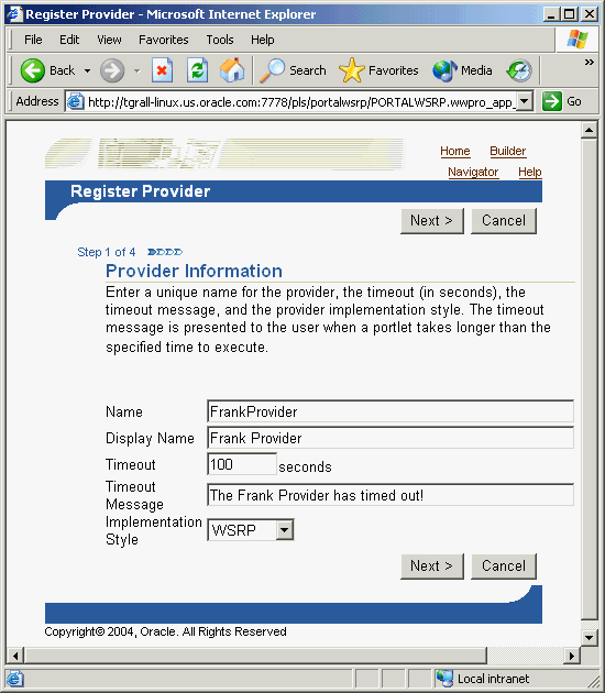 Shows Provider Information page.