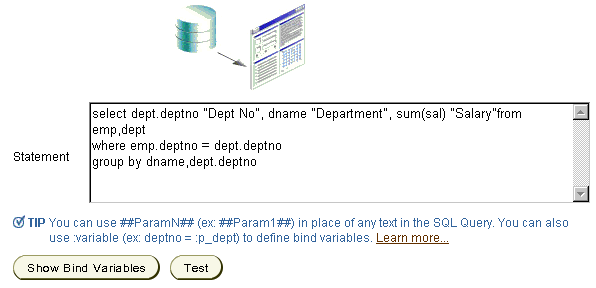 Shows SQL statement on Source tab.