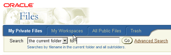 Oracle Files menu option bar. Select My Workspaces