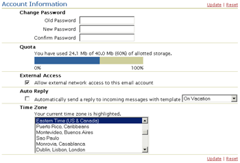 Oracle Web Client Account Information preferences window