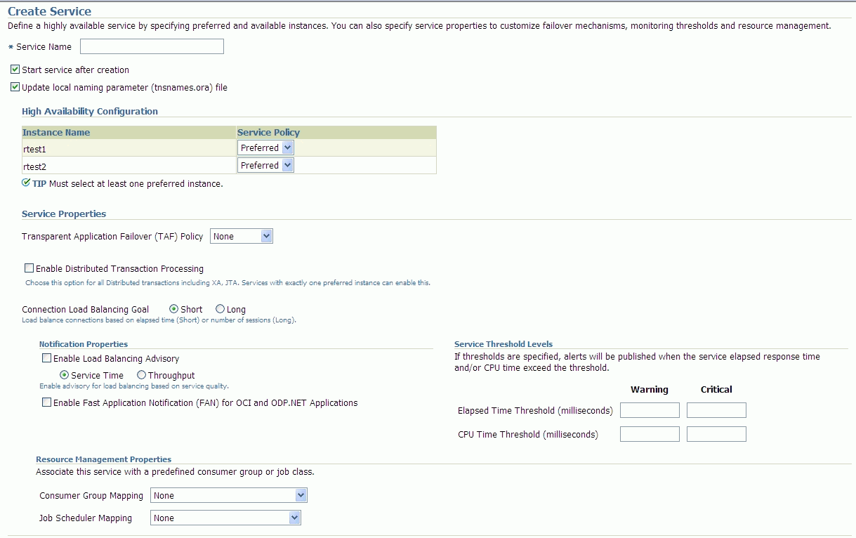 Create Service page