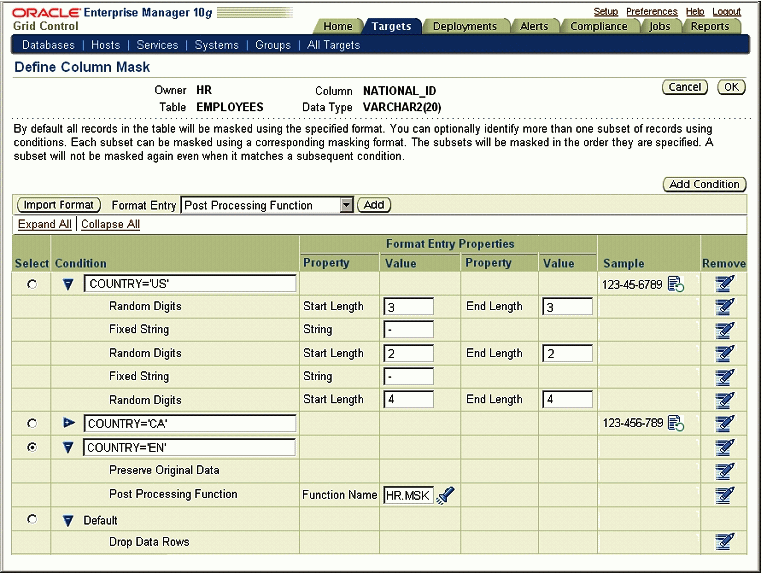 Define Column Mask page