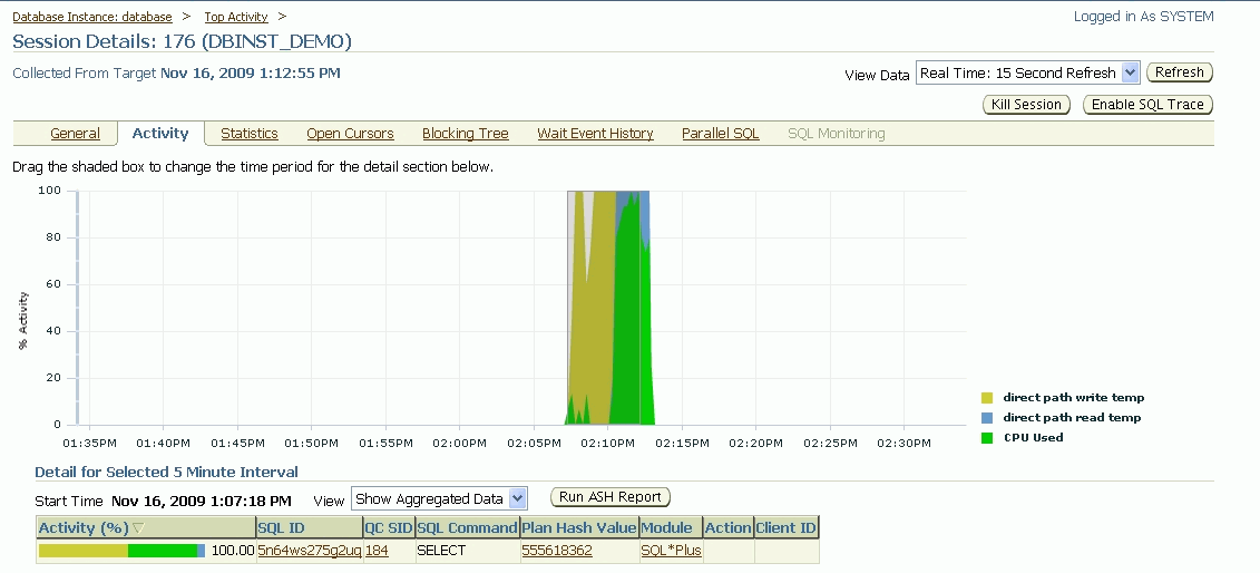 Enterprise Manager Session Details page.