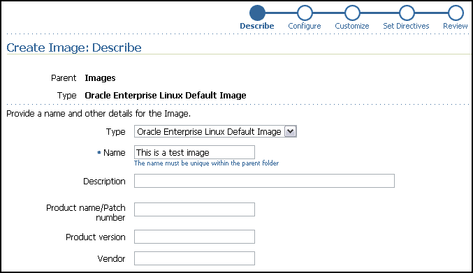 This figure displays the Create Image: Describe Page.