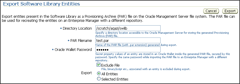Export Software Library Entities Page