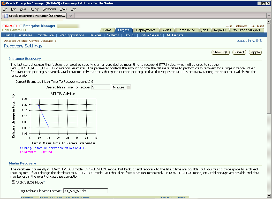 Recovery settings page