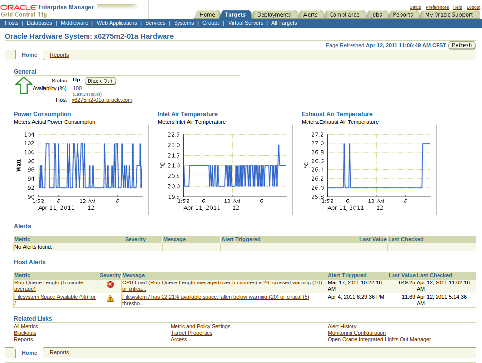 image:Example of the Oracle Hardware System target home page, showing the three charts and alerts related to this Oracle Hardware System.