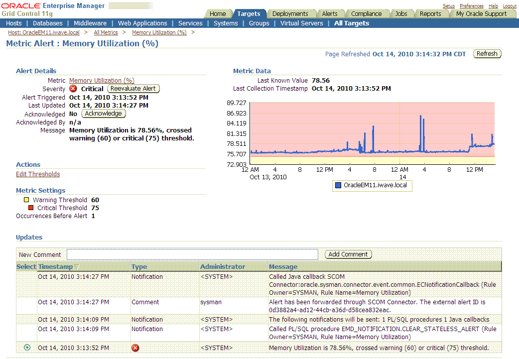 Shows Metric Alert Memory Utilization page