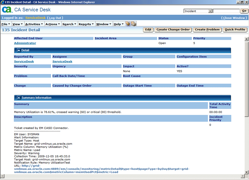 Incident Detail in CASD Console