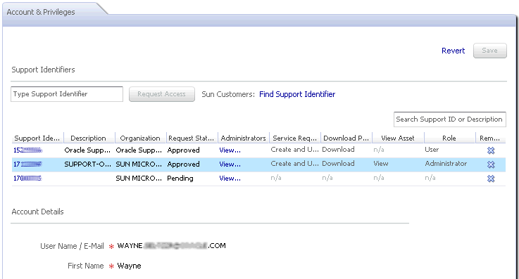 Sample image of a user Account and Privileges