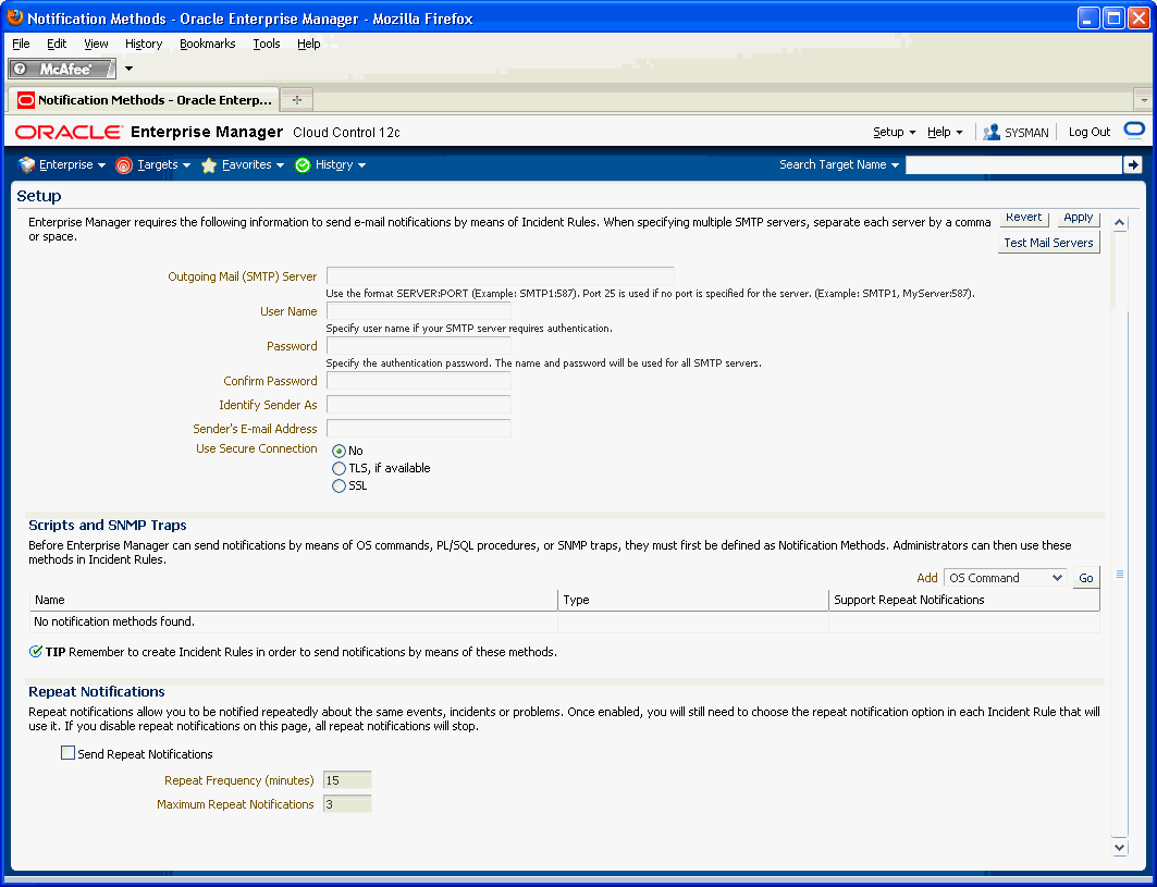Definition entry fields on Notification Methods page.
