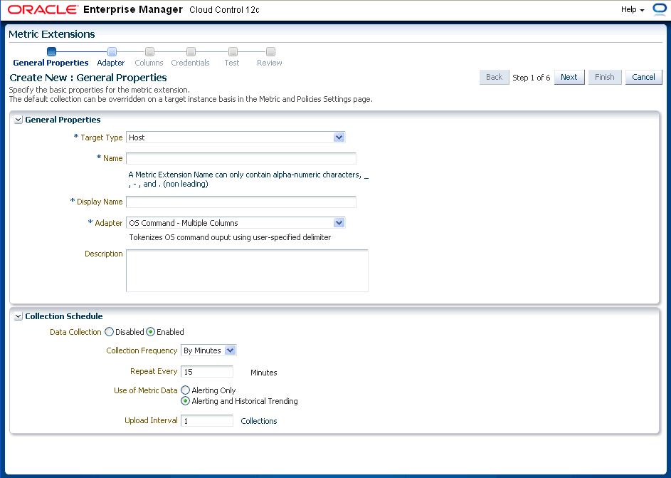 Graphic shows the General properties page of the metric extension creation wizard.