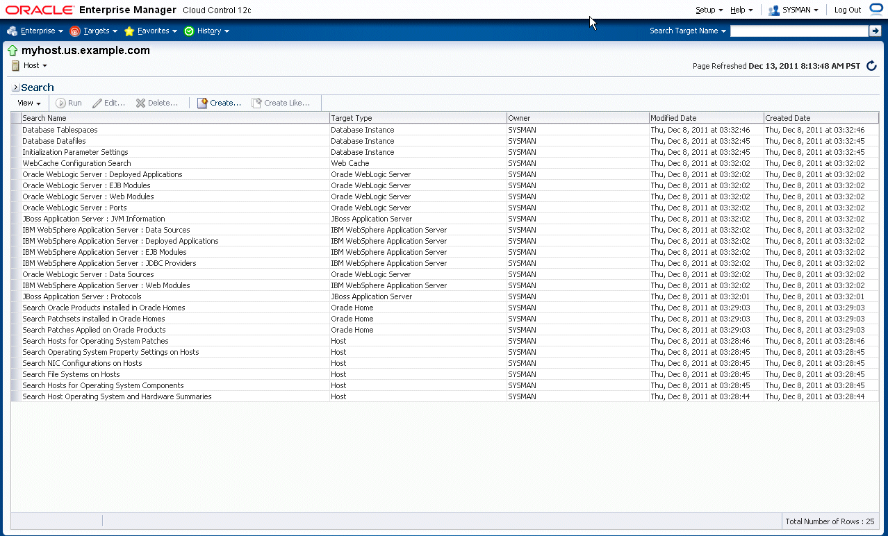 Screen of Configuration Search Library page for sample host