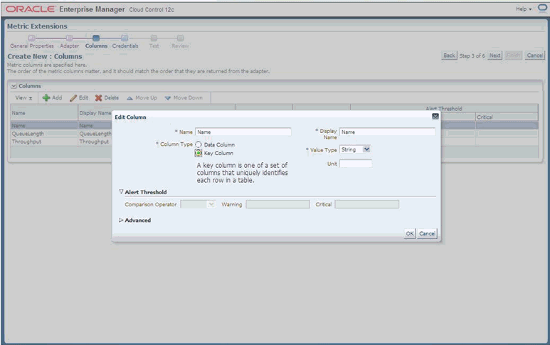 Graphic shows Key Column creation.
