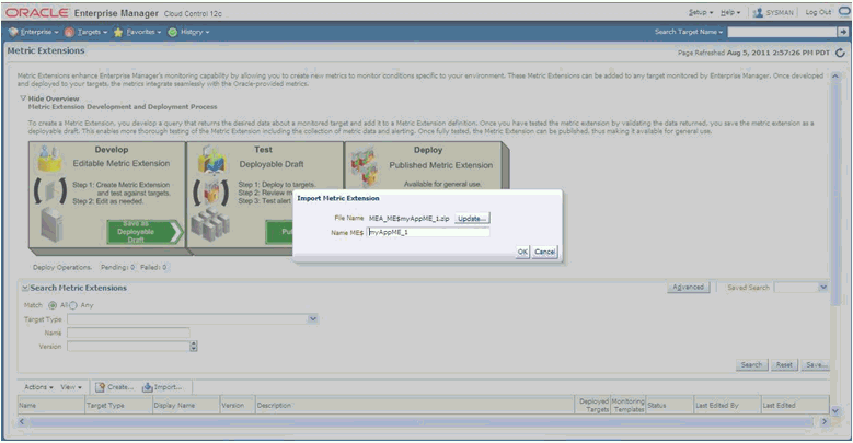 Graphic shows metric extension in Enterprise Manager.