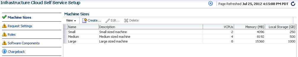 Self Service Portal Setup - Machine Sizes