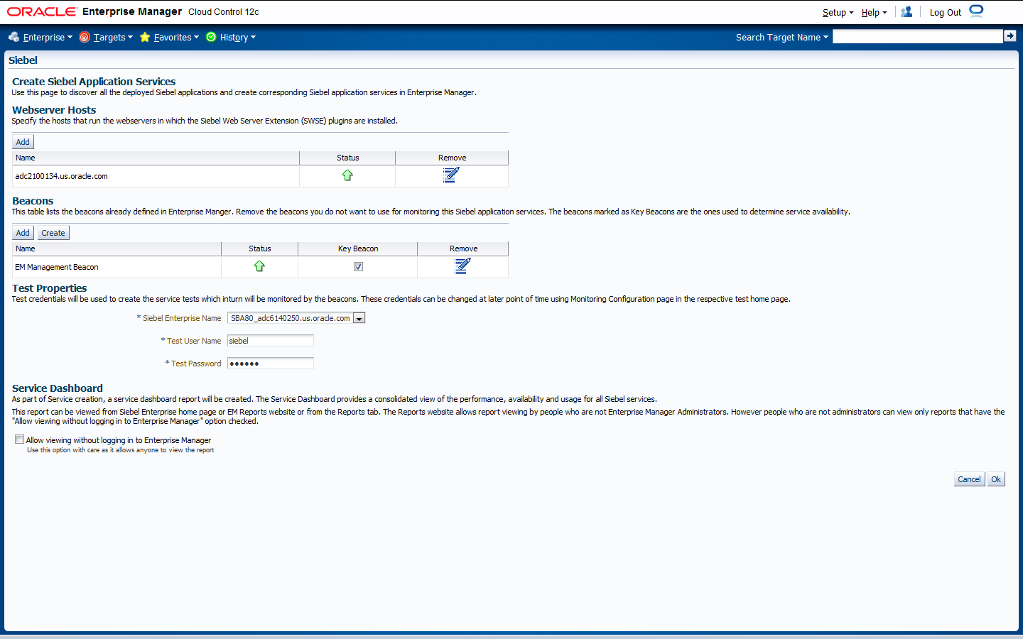 Shows sample data for Create Siebel Application Services