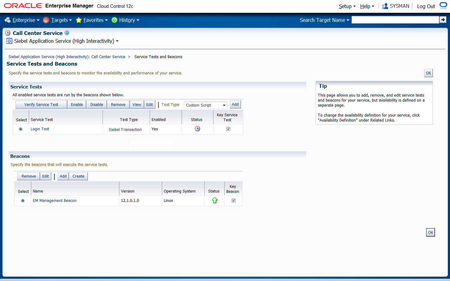 Shows sample data for Service Tests and Beacons page.