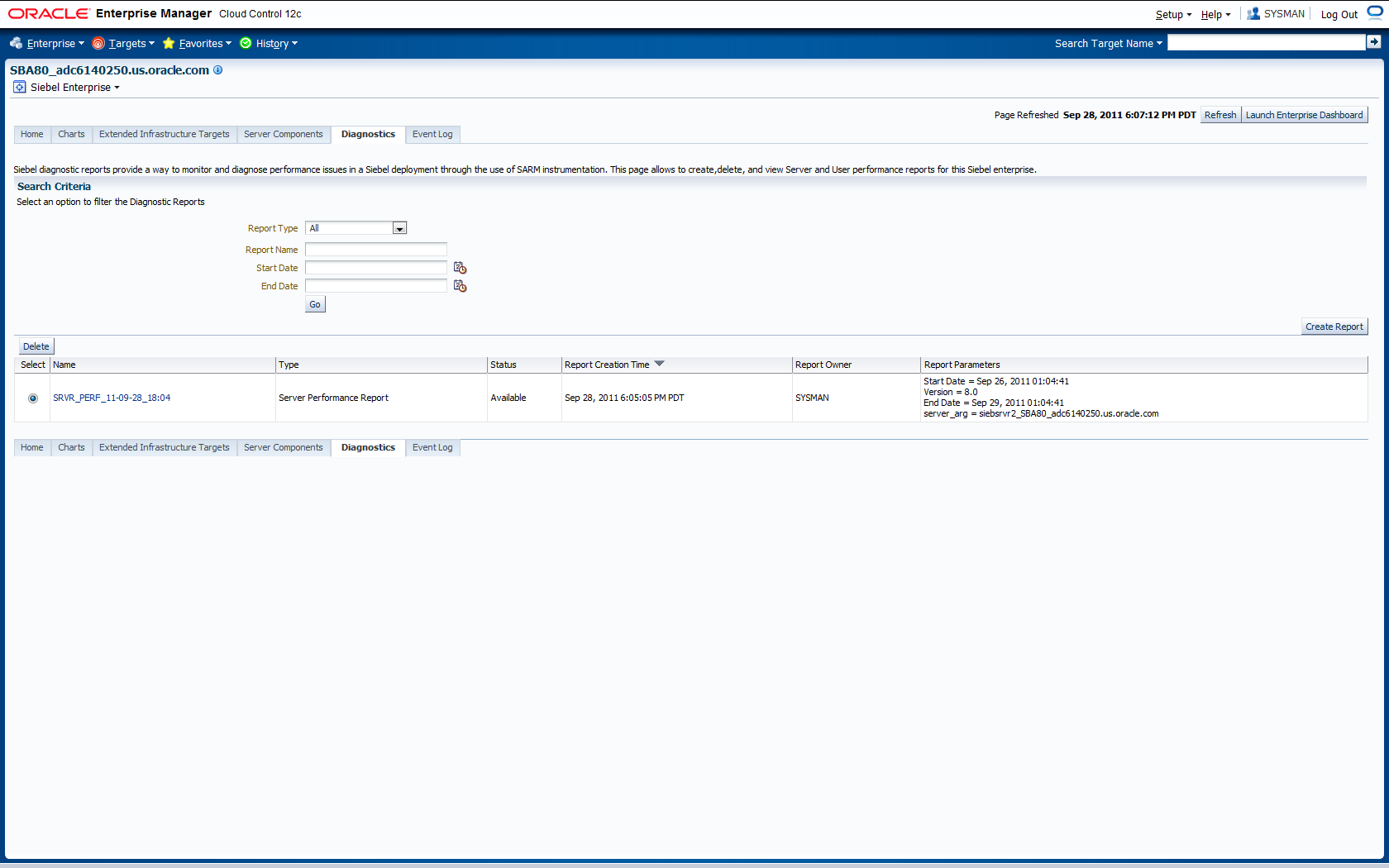 Shows sample data for Diagnostics Report page.