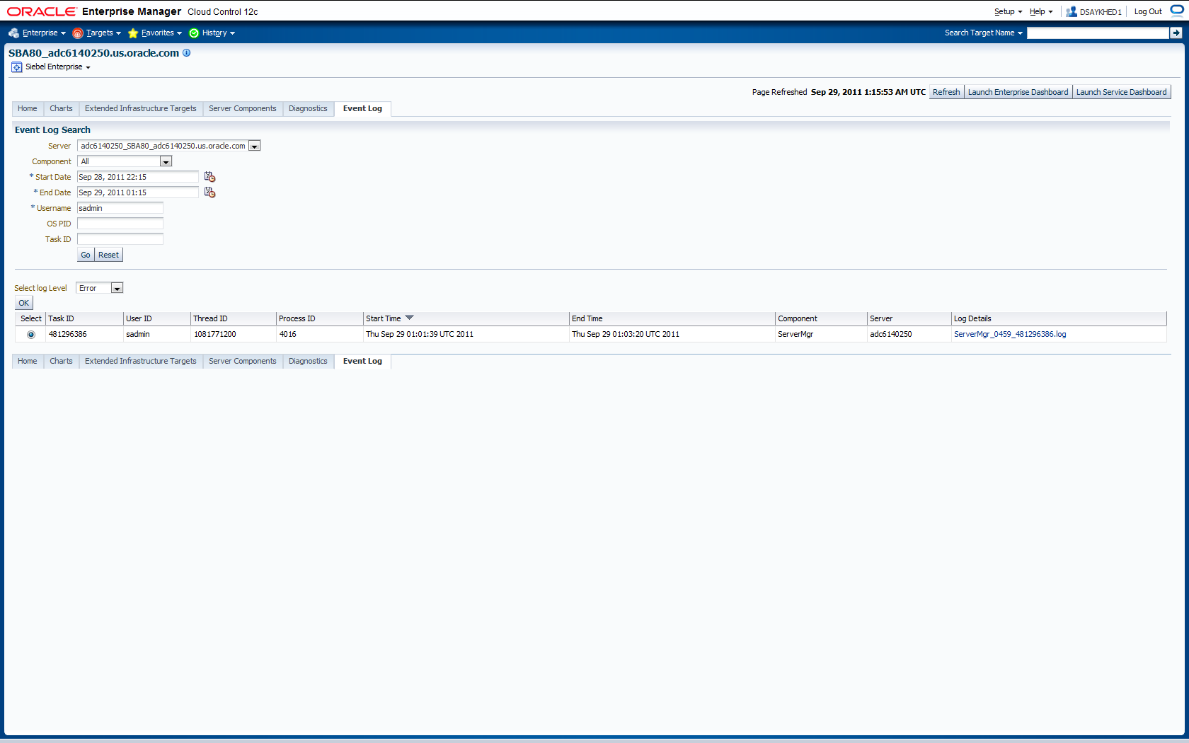 Graphic shows sample data on Event Log Search page.