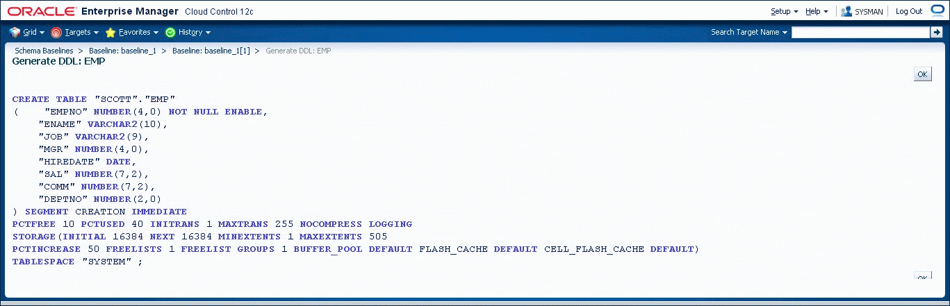 DDL for a Selected Baseline Object