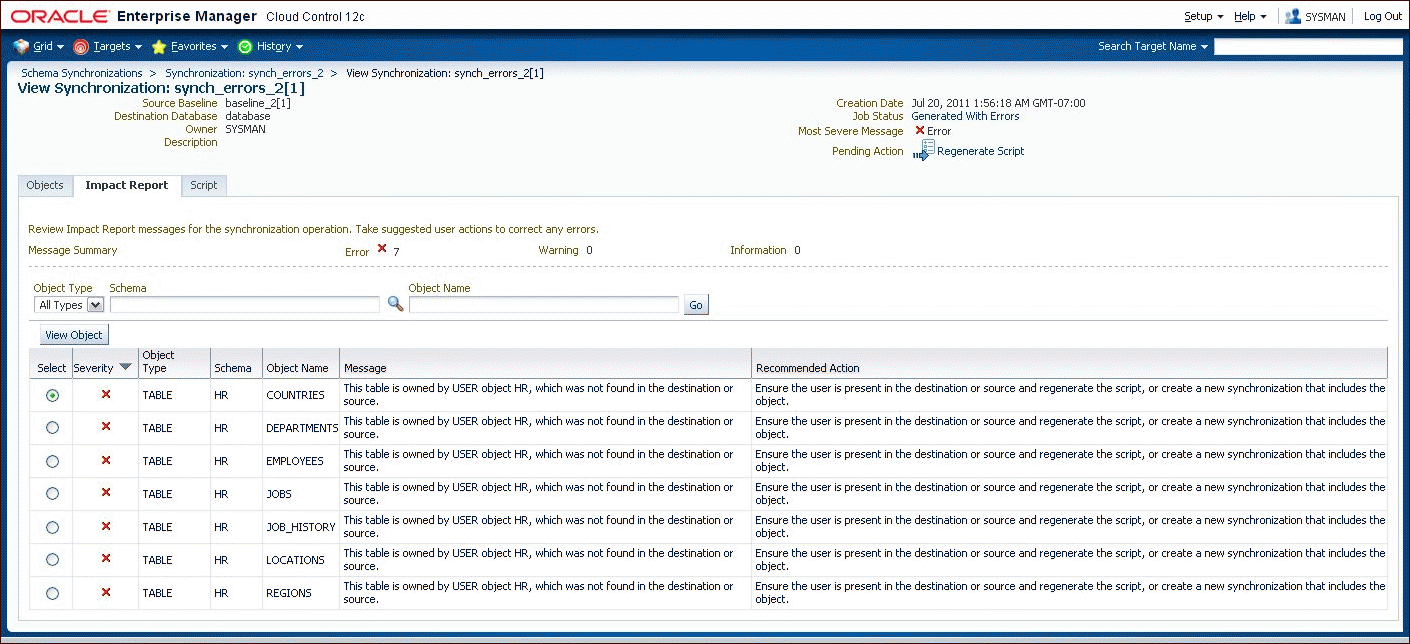 Error-level Impact Report Messages