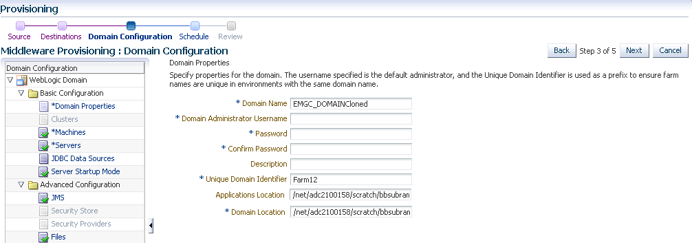 Domain Configuration: Domain Properties Page