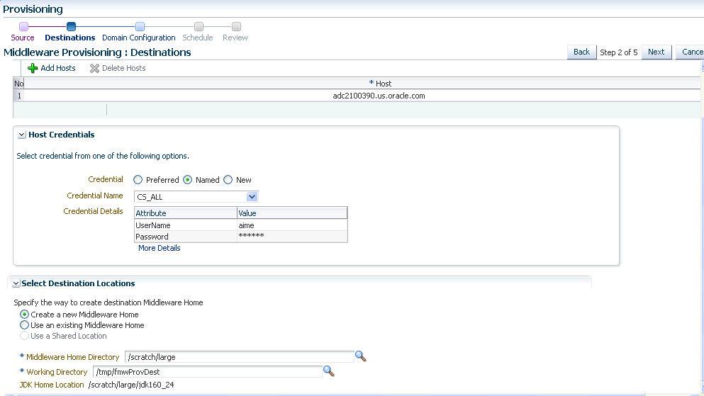Middleware Provisioning: Destinations Page