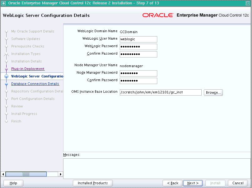 WebLogic Server Configuration Details screen