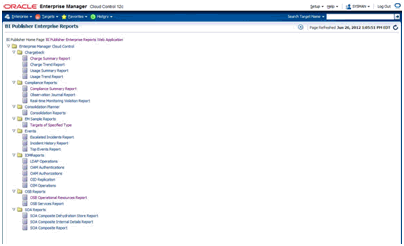 graphic shows the BIP reports listing from the Enterprise Manager console.
