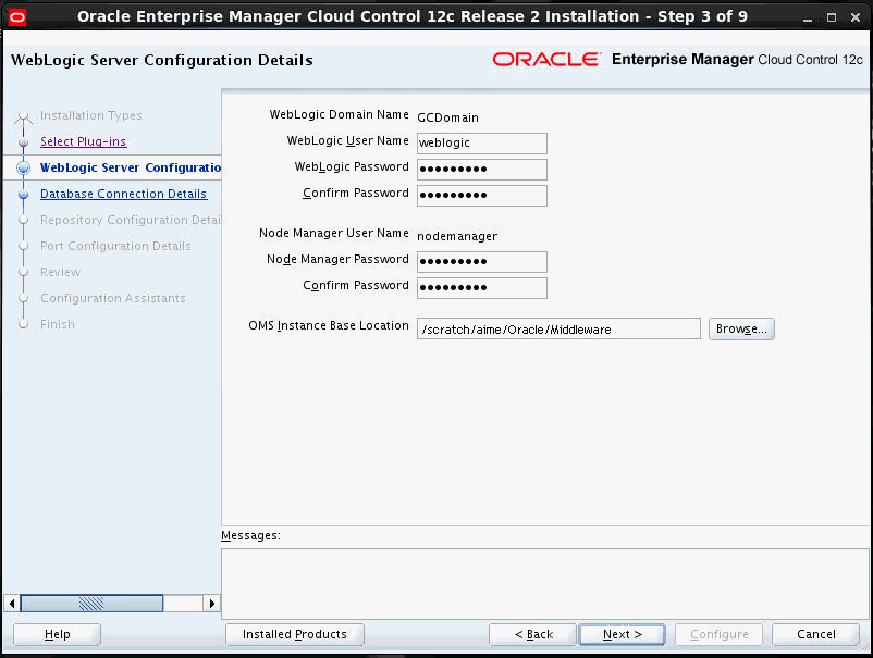 WebLogic Server Configuration Details Screen