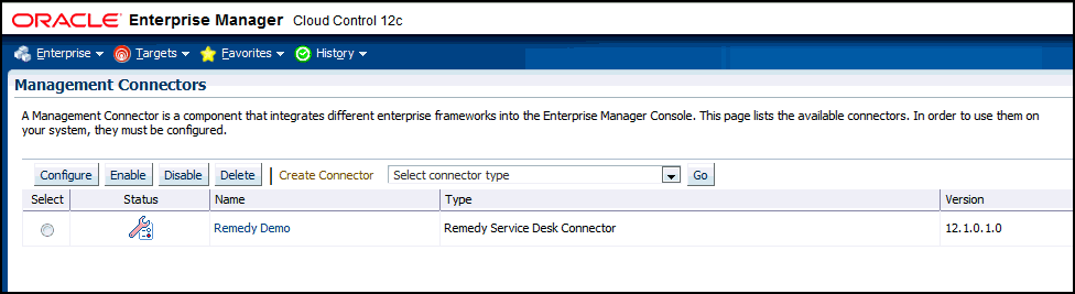 Shows connector listed on page, but status icon indicates unconfigured.