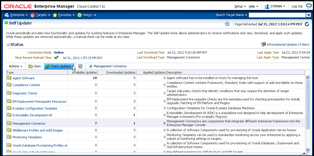 Shows cursor ready to click Check Updates on Self Update page.