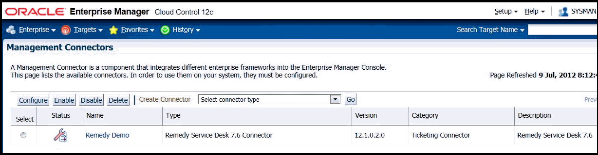 Shows connector listed on page, but status icon indicates unconfigured.