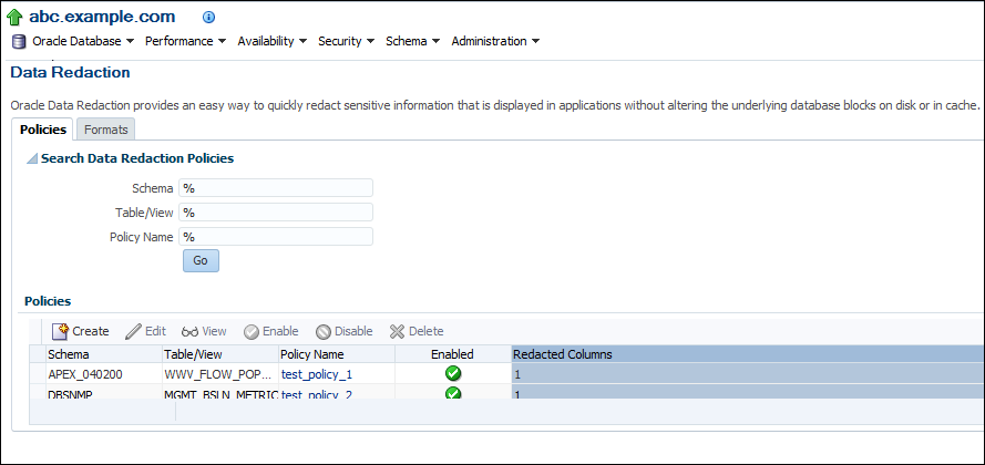 Description of "Figure 11-4 Oracle Data Redaction Policies Page" follows