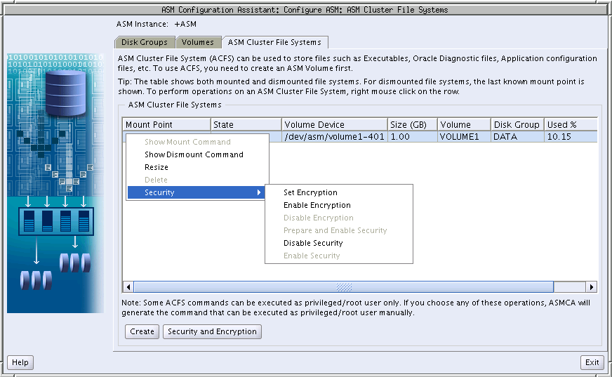Description of "Figure 14-6 Oracle ASM Configuration Assistant Oracle ACFS Security Menu Options" follows