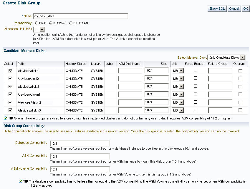 Description of "Figure 7-4 Oracle Automatic Storage Management Create Disk Group Page" follows