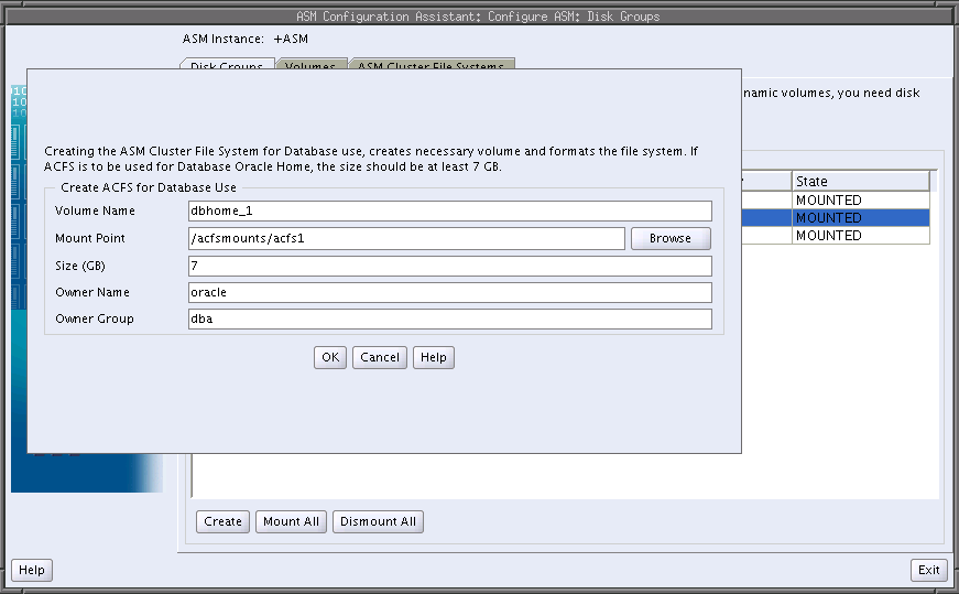 Description of "Figure 14-7 Oracle ASM Configuration Assistant Create Oracle ACFS for Database Use Dialog" follows