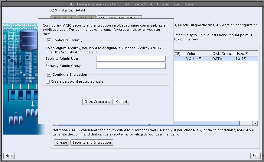 Description of "Figure 14-5 Oracle ASM Configuration Assistant Configure Security and Encryption Dialog" follows