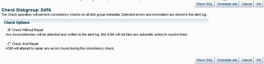 Description of "Figure 7-12 Oracle Automatic Storage Management Check Diskgroup Confirmation Dialog" follows