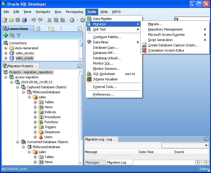 Migration features in the main window