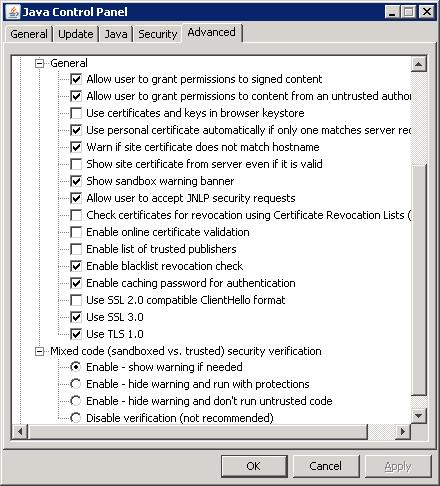 Screen shot of Java Control Panel