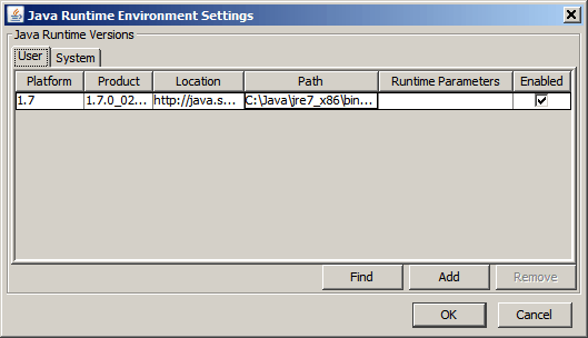 Java Runtime Environment Settings dialog