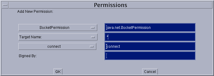 Permissions dialog showing the socket permission beling selected