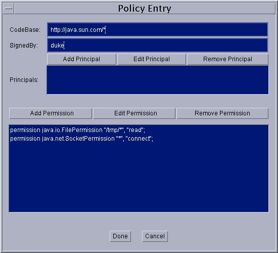 Policy Entry dialog showing two permissions